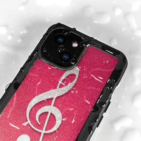 Pink Glitter Music Note iPhone 15 Plus Waterproof Case